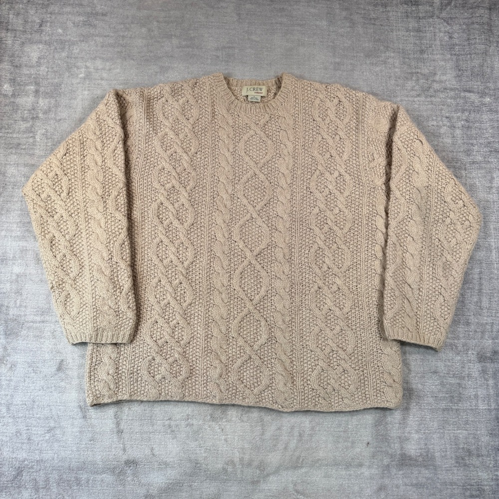 J Crew Sweater Womens Large Beige Wool Handknit Cable Knit Fisherman Chunky